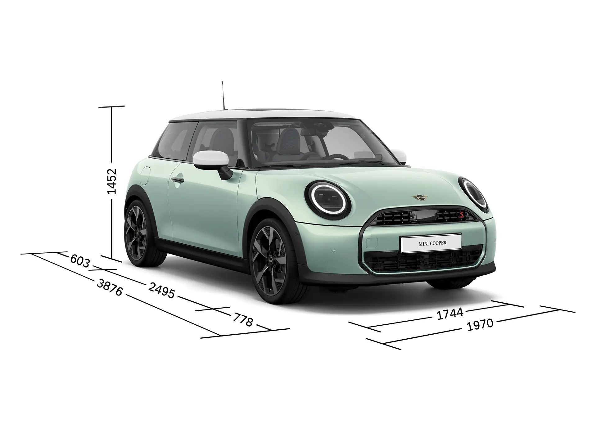 3 ajtós MINI Cooper - Elölnézet a méretekkel