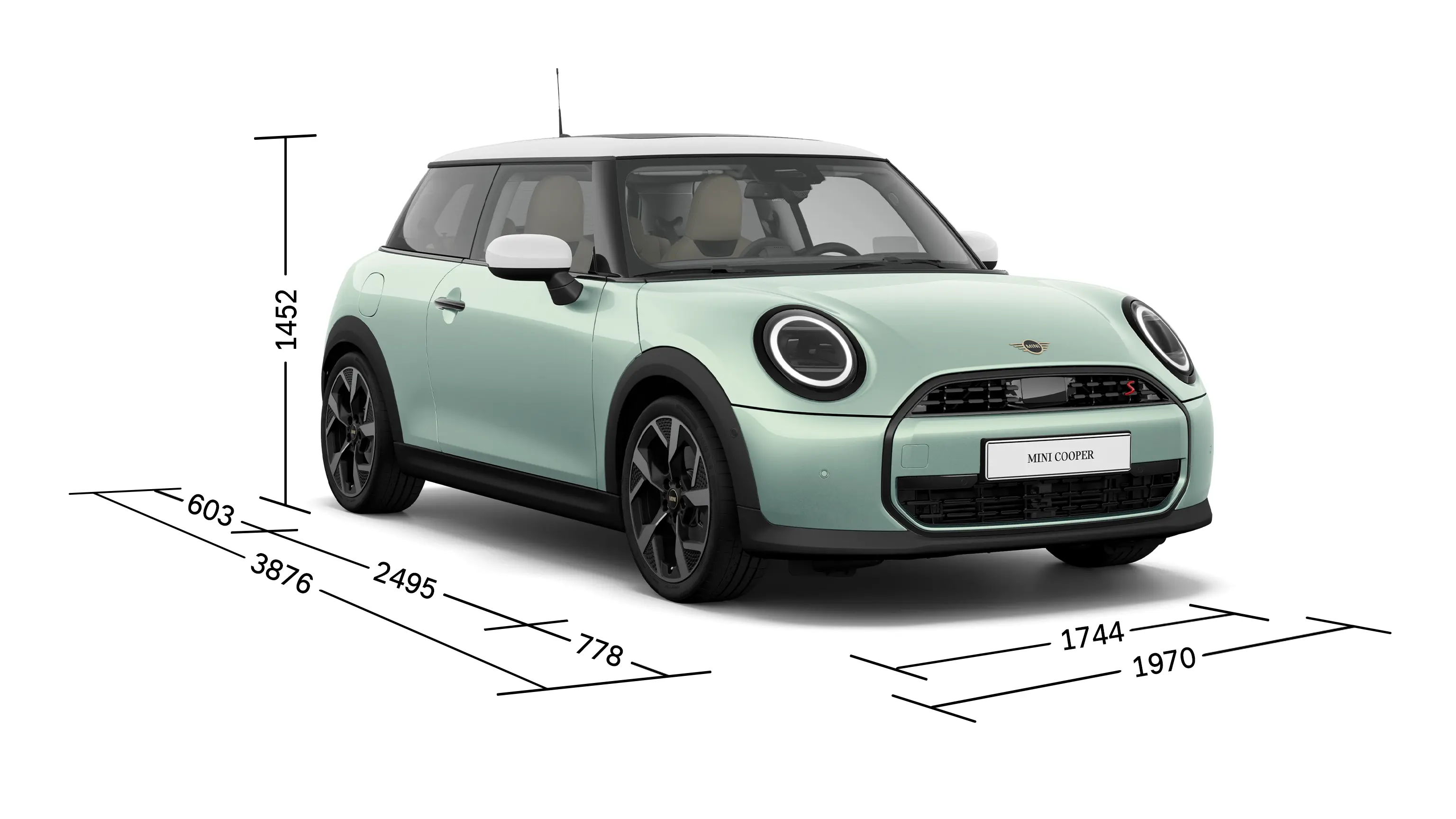 3 ajtós MINI Cooper - Elölnézet a méretekkel