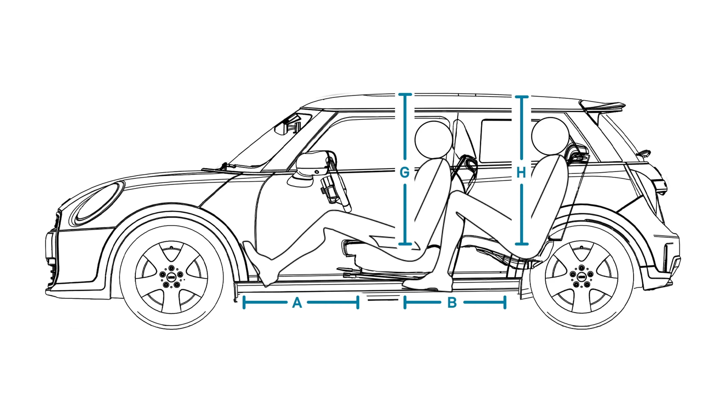 3 ajtós MINI Cooper – Belsőtér-méretek oldalt