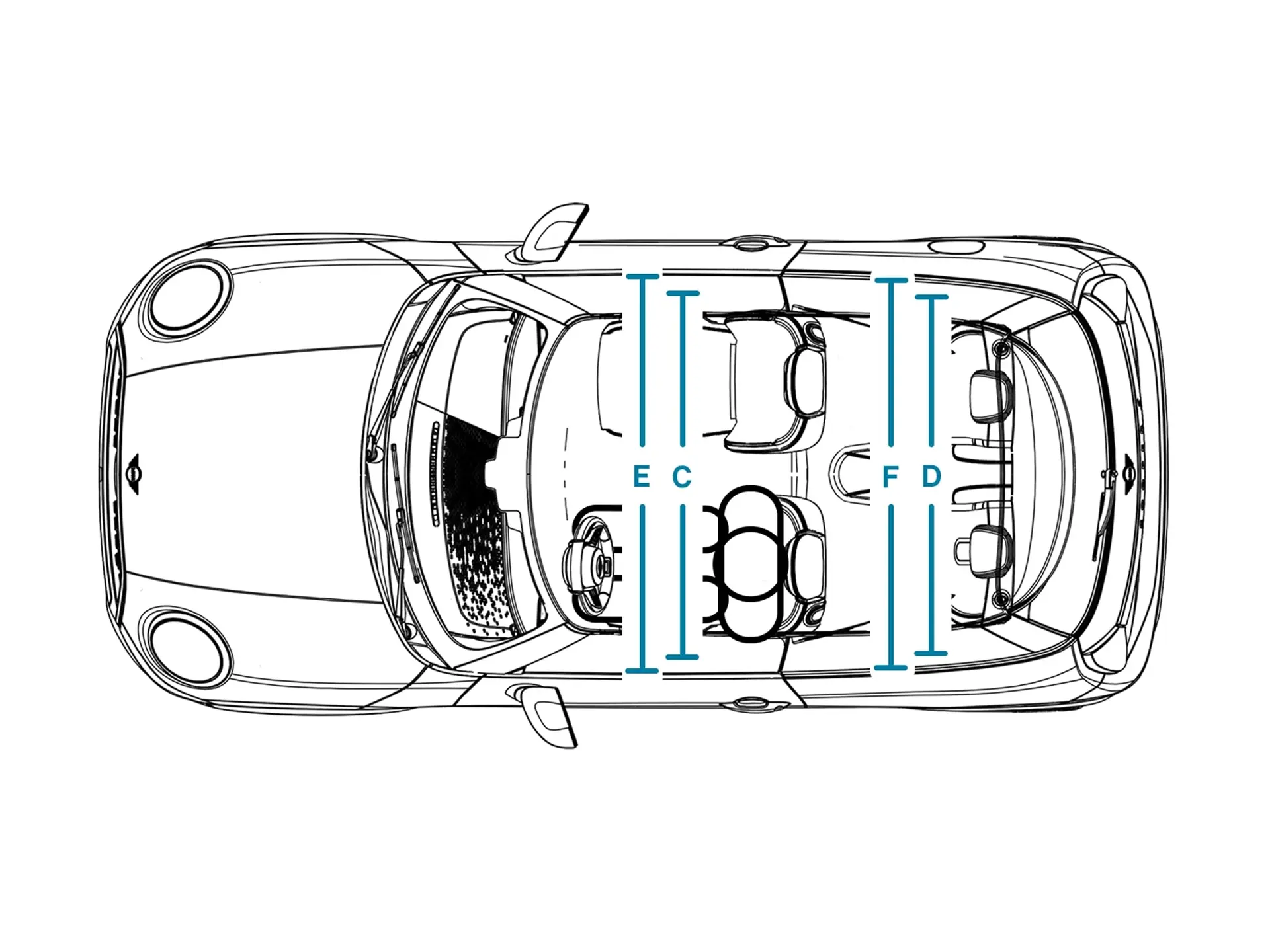 3 ajtós MINI Cooper – Belsőtér-méretek fent