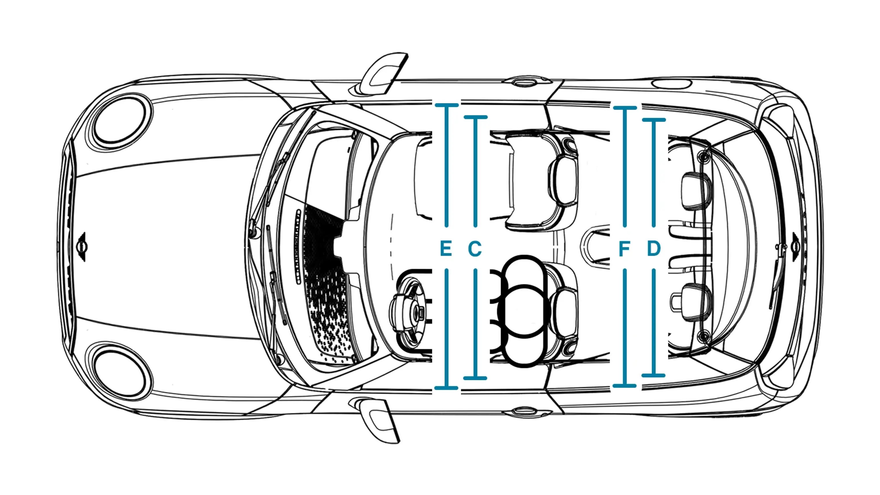 3 ajtós MINI Cooper – Belsőtér-méretek fent