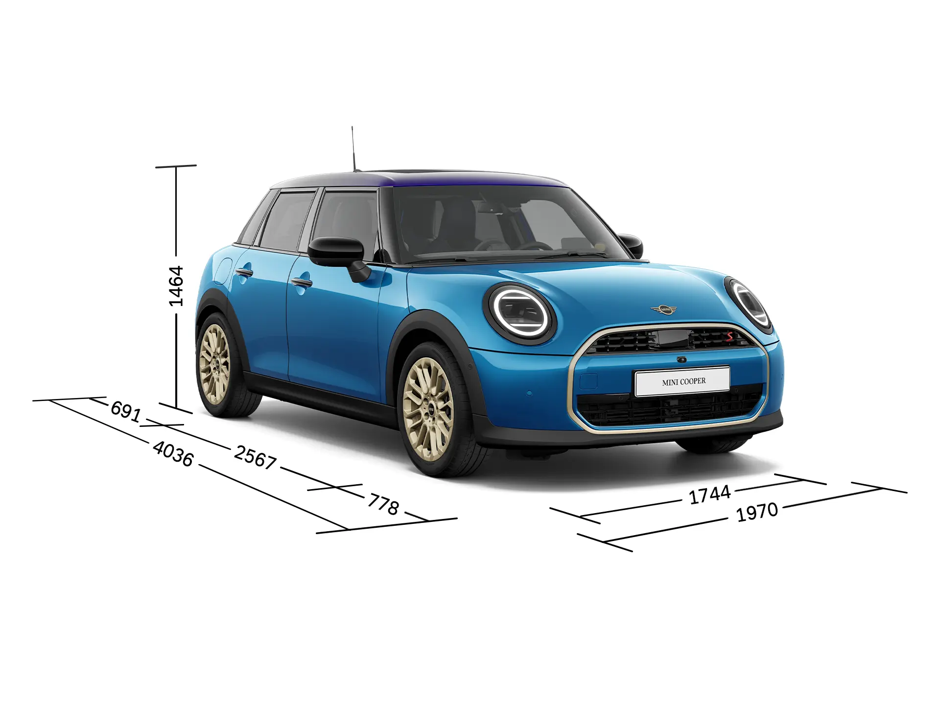 5 ajtós MINI Cooper - Elölnézet a méretekkel