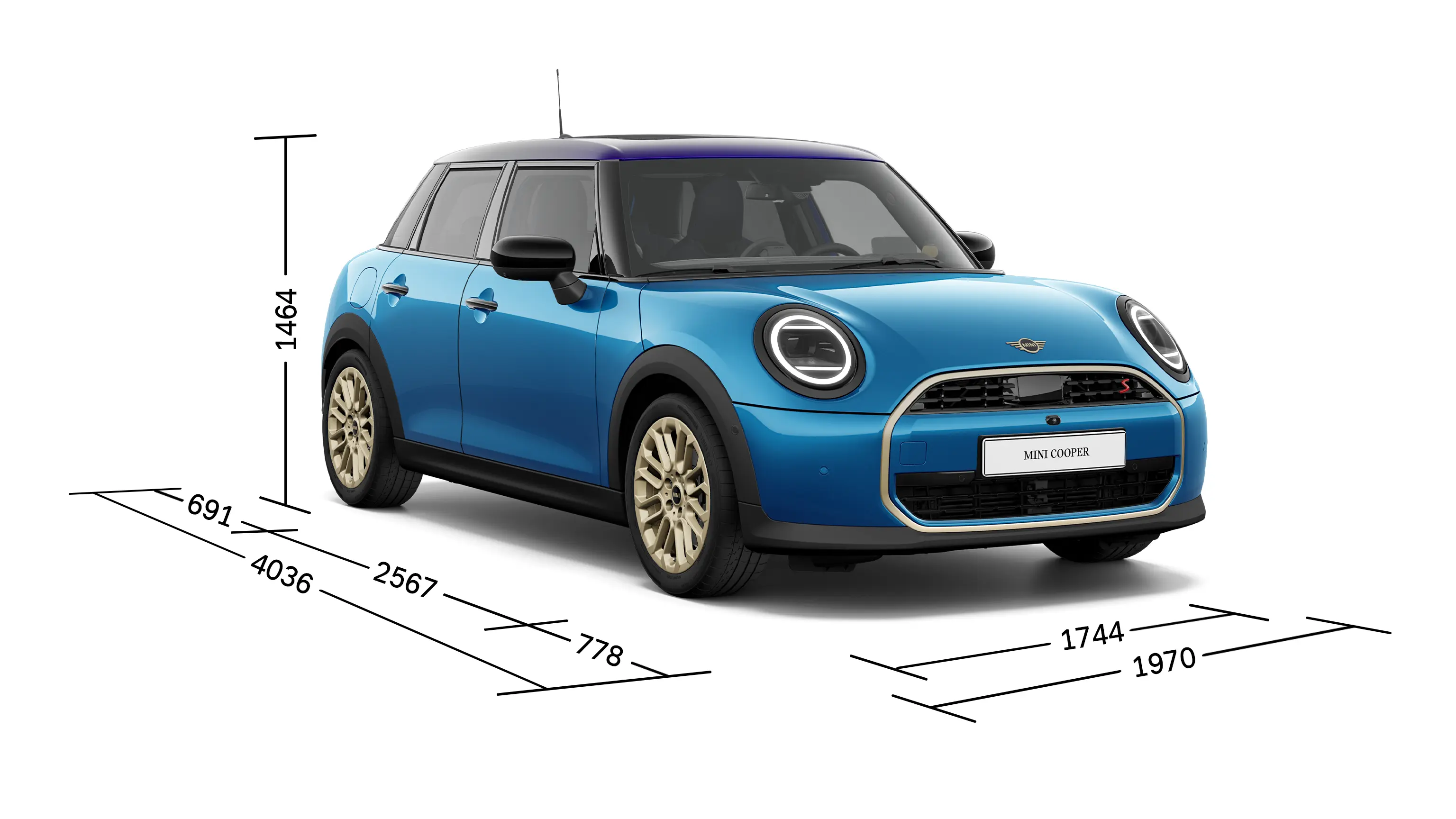 5 ajtós MINI Cooper - Elölnézet a méretekkel