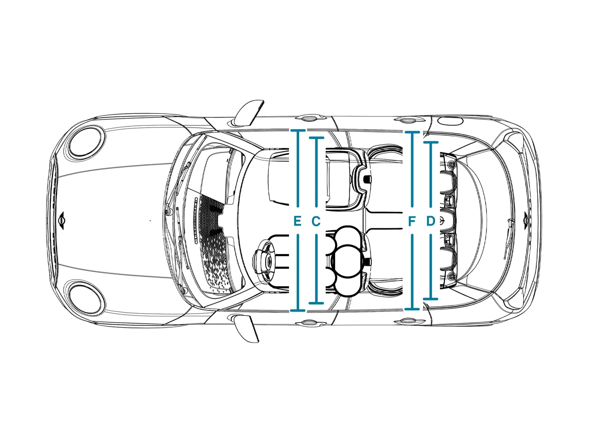 5 ajtós MINI Cooper – Belsőtér-méretek fent