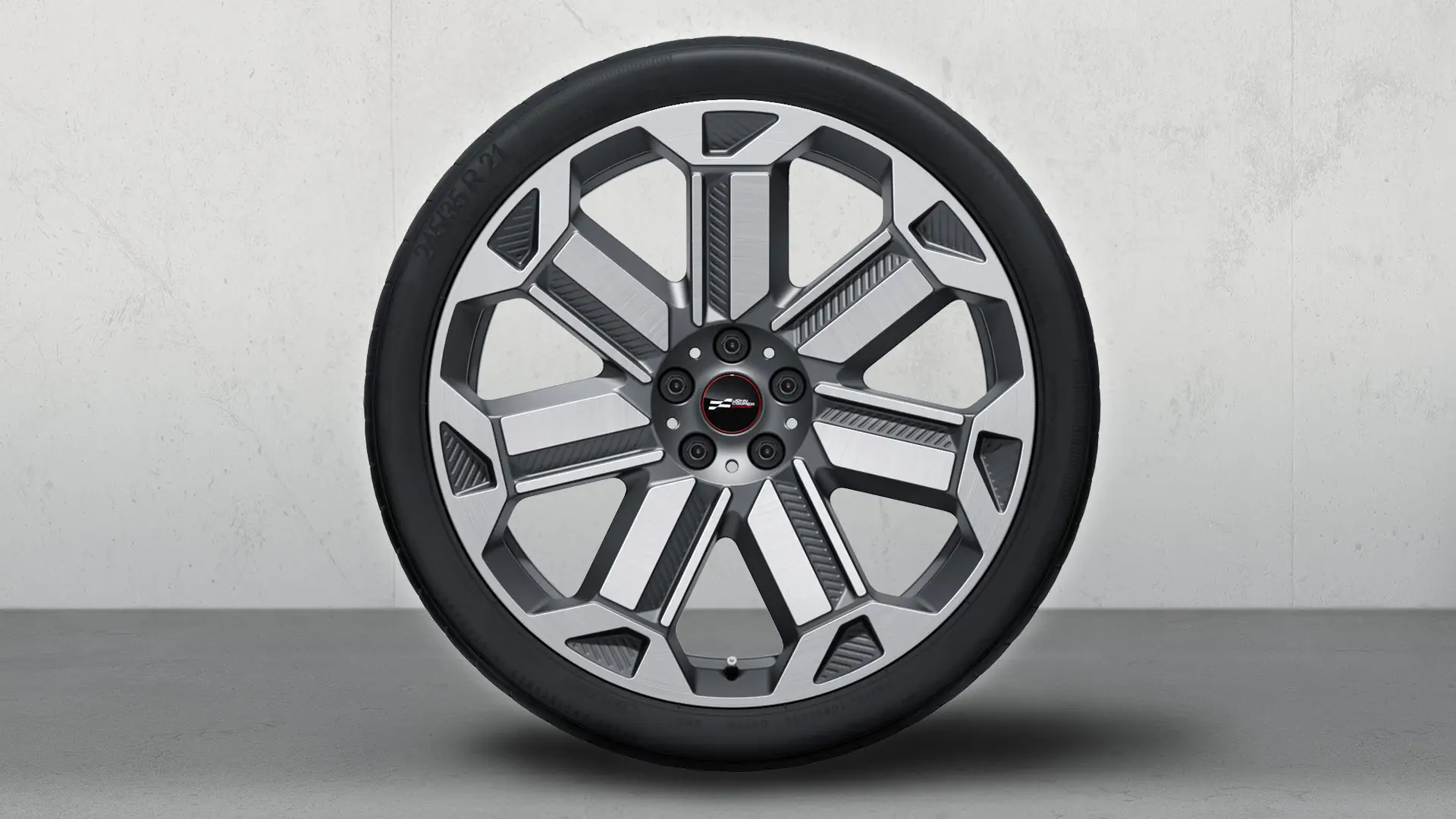 21" JCW öntött keréktárcsa, Rallye Spoke 950, kétszínű (Frozen Gunmetal Grey, fényesre polírozott), komplett nyári kerékkészlet részeként 