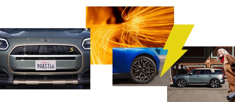 MINI elektromobilitás – a töltést ábrázoló kollázs